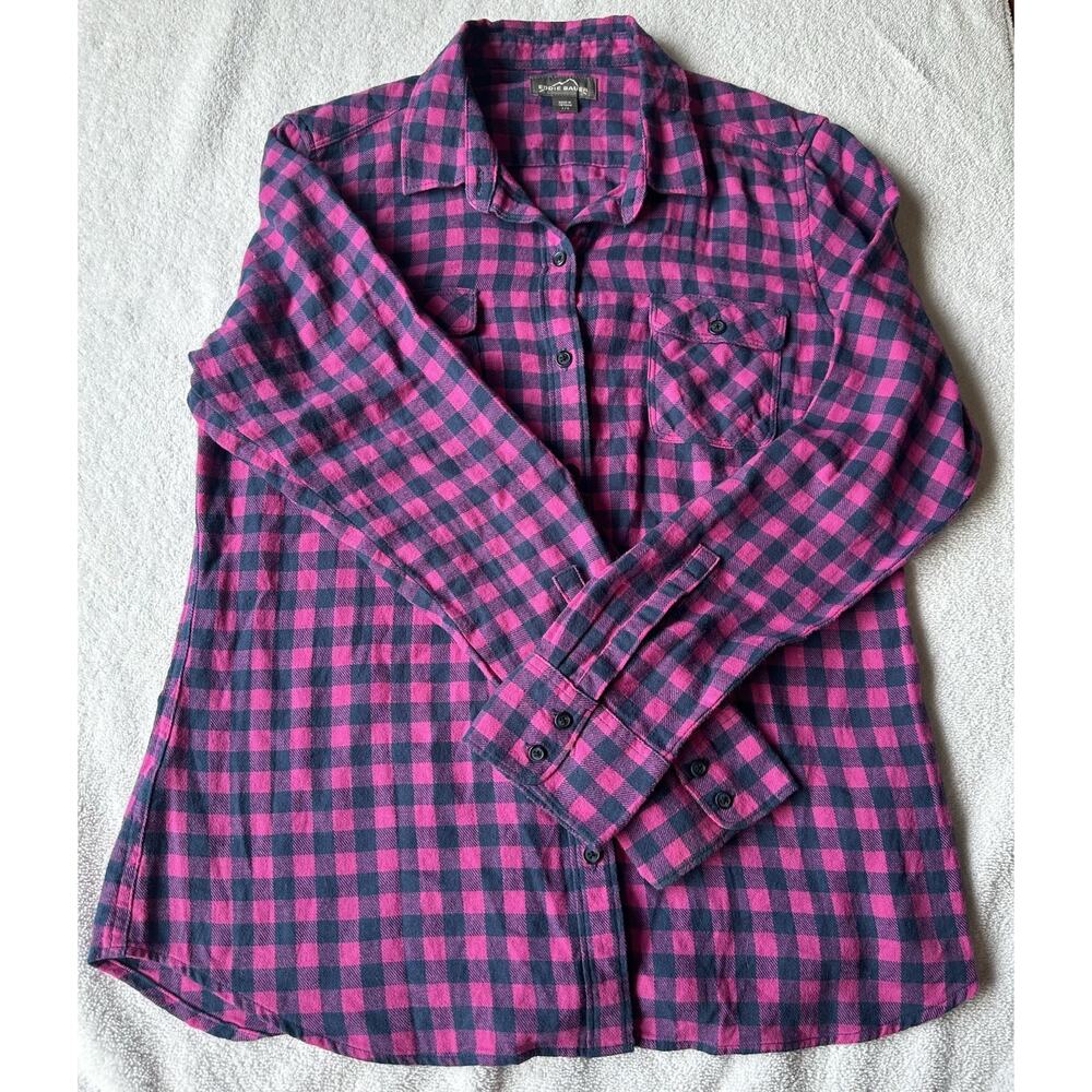 Eddie Bauer Pink Navy Plaid Flannel Long Sleeve Button-Up Shirt Size L